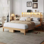 Boho Rattan Queen Bed Frame Natural Wood with LED Lights Charging Station Storage Headboard Platform Bed No Box Spring Modern Bedroom