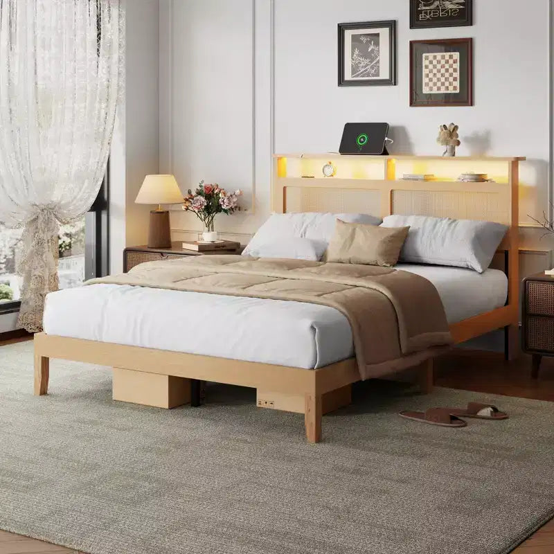Boho Rattan Queen Bed Frame Natural Wood with LED Lights Charging Station Storage Headboard Platform Bed No Box Spring Modern Bedroom