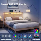 Base de cama Queen de ratán estilo bohemio, madera natural con luces LED, estación de carga, cabecera con almacenamiento, plataforma, no requiere somier, dormitorio moderno