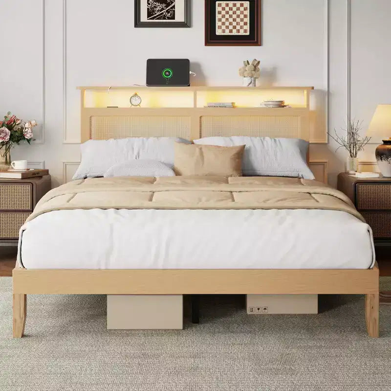 Base de cama Queen de ratán estilo bohemio, madera natural con luces LED, estación de carga, cabecera con almacenamiento, plataforma, no requiere somier, dormitorio moderno