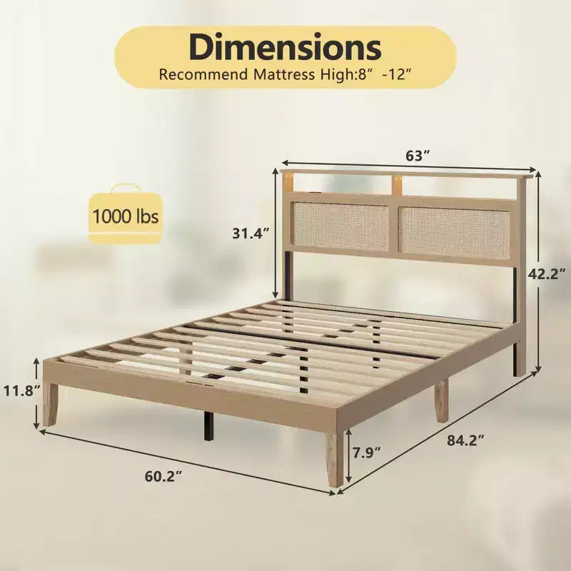 Base de cama Queen de ratán estilo bohemio, madera natural con luces LED, estación de carga, cabecera con almacenamiento, plataforma, no requiere somier, dormitorio moderno