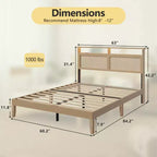 Base de cama Queen de ratán estilo bohemio, madera natural con luces LED, estación de carga, cabecera con almacenamiento, plataforma, no requiere somier, dormitorio moderno