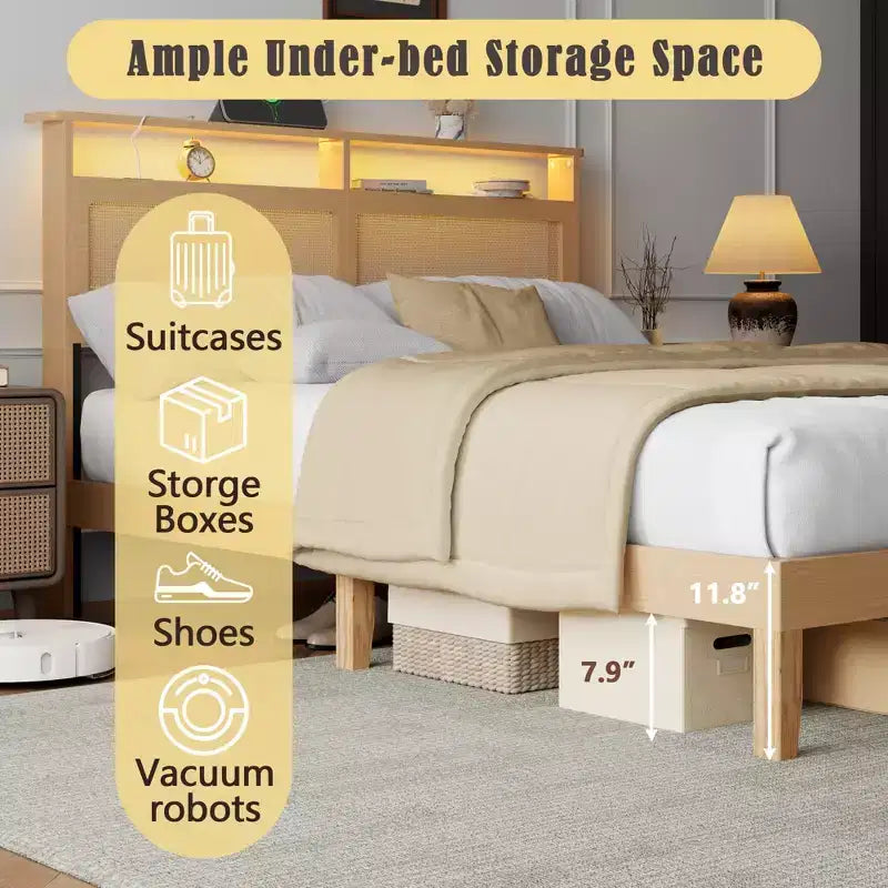 Base de cama Queen de ratán estilo bohemio, madera natural con luces LED, estación de carga, cabecera con almacenamiento, plataforma, no requiere somier, dormitorio moderno