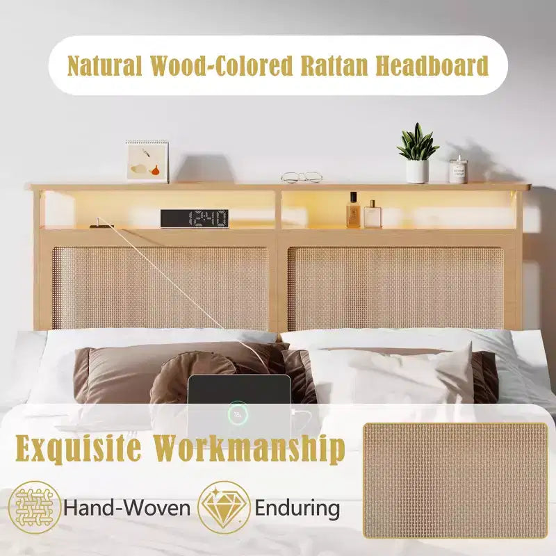 Base de cama Queen de ratán estilo bohemio, madera natural con luces LED, estación de carga, cabecera con almacenamiento, plataforma, no requiere somier, dormitorio moderno