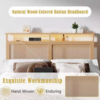 Base de cama Queen de ratán estilo bohemio, madera natural con luces LED, estación de carga, cabecera con almacenamiento, plataforma, no requiere somier, dormitorio moderno