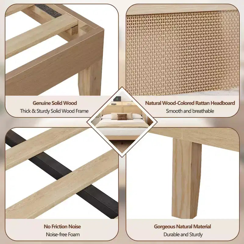 Base de cama Queen de ratán estilo bohemio, madera natural con luces LED, estación de carga, cabecera con almacenamiento, plataforma, no requiere somier, dormitorio moderno