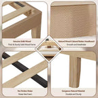Base de cama Queen de ratán estilo bohemio, madera natural con luces LED, estación de carga, cabecera con almacenamiento, plataforma, no requiere somier, dormitorio moderno