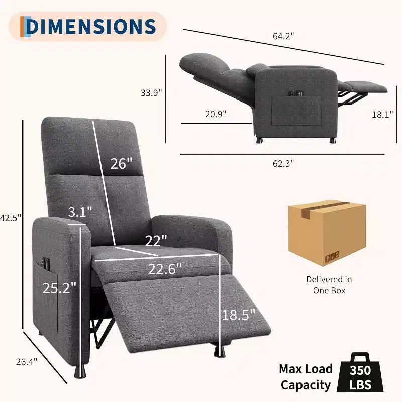 Sillón reclinable eléctrico para adultos, sofá individual ergonómico ajustable, balancín mullido con bolsillos laterales y puerto de carga USB