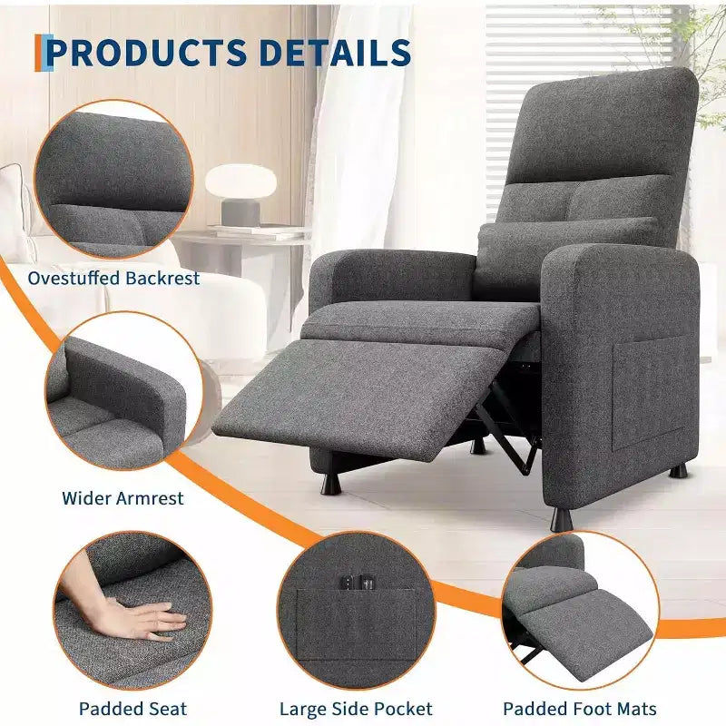 Sillón reclinable eléctrico para adultos, sofá individual ergonómico ajustable, balancín mullido con bolsillos laterales y puerto de carga USB