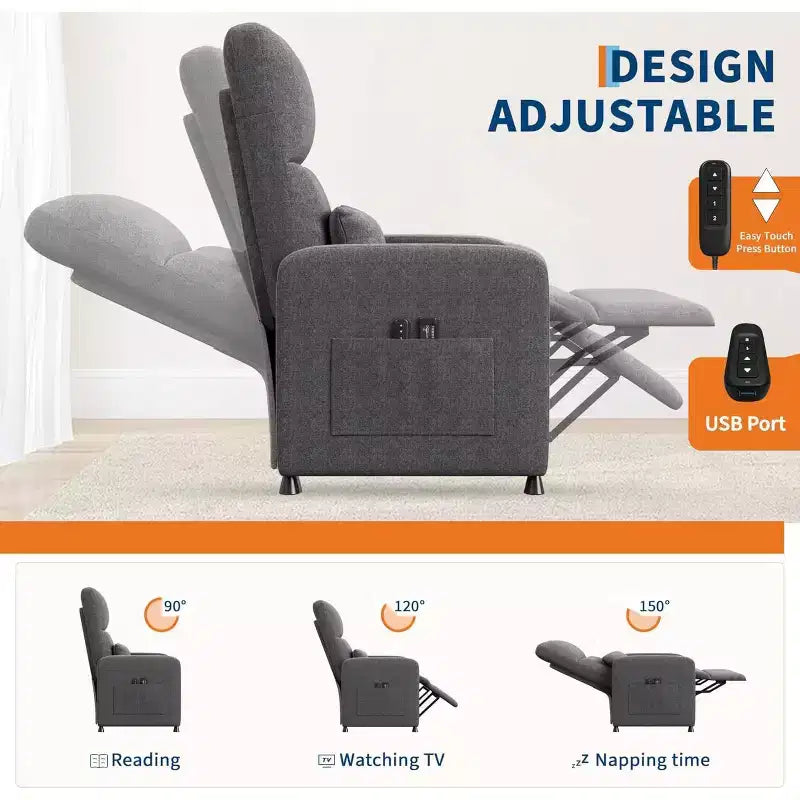 Sillón reclinable eléctrico para adultos, sofá individual ergonómico ajustable, balancín mullido con bolsillos laterales y puerto de carga USB