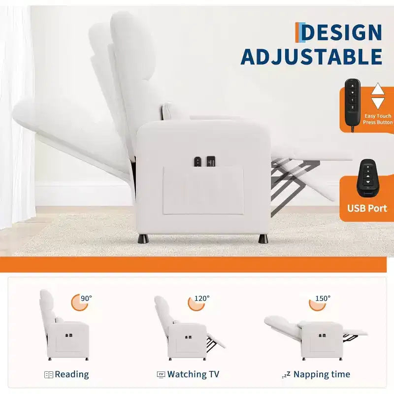 Sillón reclinable eléctrico para adultos, sofá individual ergonómico ajustable, balancín mullido con bolsillos laterales y puerto de carga USB