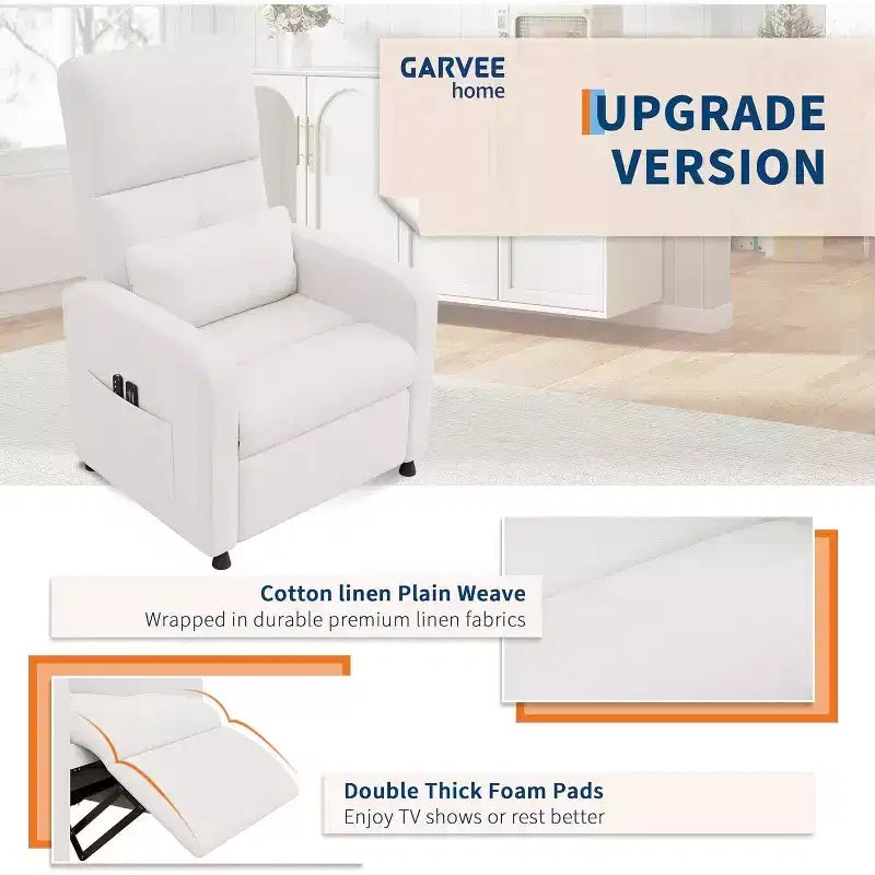 Sillón reclinable eléctrico para adultos, sofá individual ergonómico ajustable, balancín mullido con bolsillos laterales y puerto de carga USB