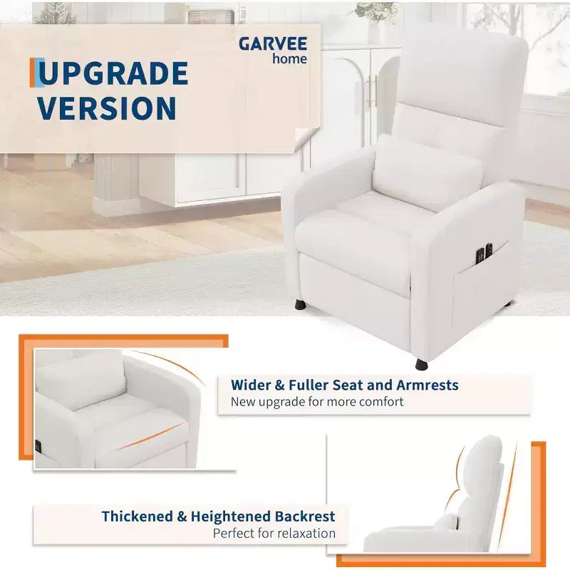 Sillón reclinable eléctrico para adultos, sofá individual ergonómico ajustable, balancín mullido con bolsillos laterales y puerto de carga USB