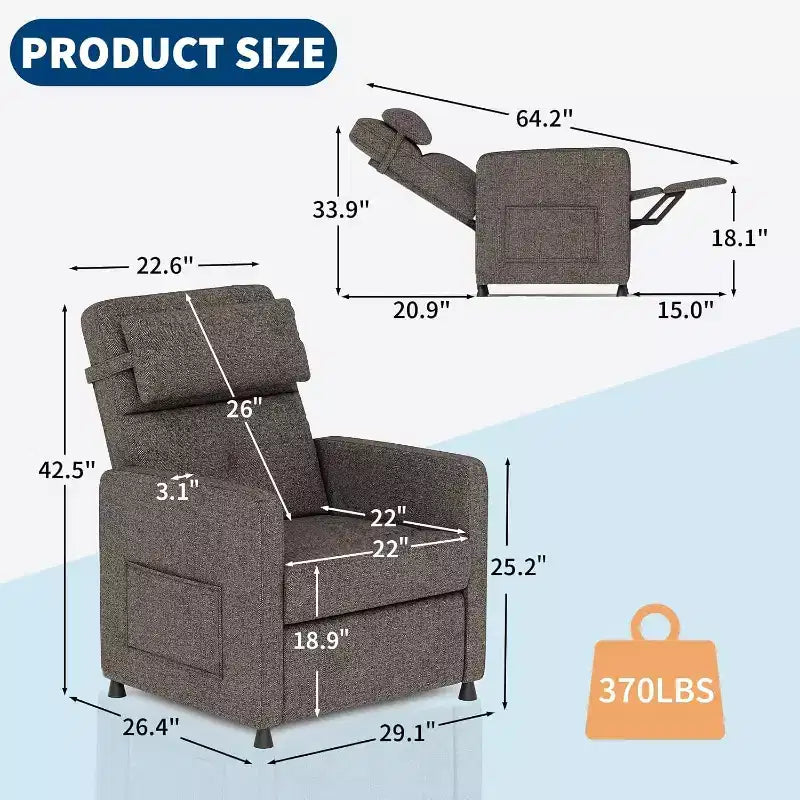 Sillón reclinable eléctrico para adultos, sofá individual ergonómico ajustable, balancín mullido con bolsillos laterales y puerto de carga USB