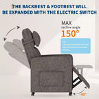 Sillón reclinable eléctrico para adultos, sofá individual ergonómico ajustable, balancín mullido con bolsillos laterales y puerto de carga USB