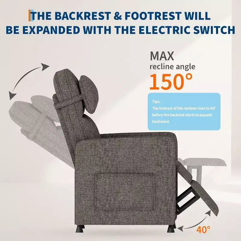 Sillón reclinable eléctrico para adultos, sofá individual ergonómico ajustable, balancín mullido con bolsillos laterales y puerto de carga USB