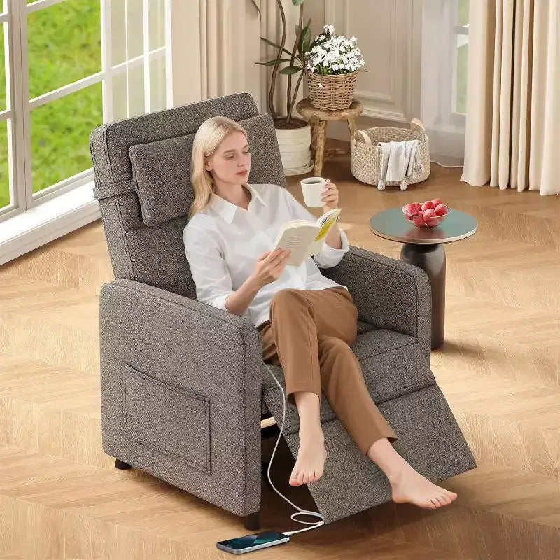 Sillón reclinable eléctrico para adultos, sofá individual ergonómico ajustable, balancín mullido con bolsillos laterales y puerto de carga USB
