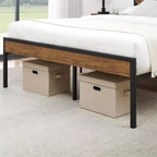 Marco de cama rústico de plataforma estilo casa de campo, cabecero y piecero de madera, somier de metal y madera, almacenamiento bajo la cama, no necesita somier de muelles