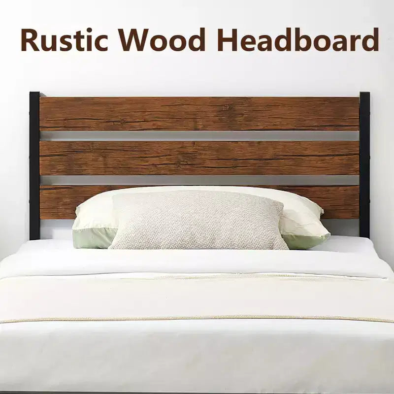 Marco de cama rústico de plataforma estilo casa de campo, cabecero y piecero de madera, somier de metal y madera, almacenamiento bajo la cama, no necesita somier de muelles