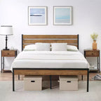 Marco de cama rústico de plataforma estilo casa de campo, cabecero y piecero de madera, somier de metal y madera, almacenamiento bajo la cama, no necesita somier de muelles