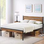 Marco de cama rústico de plataforma estilo casa de campo, cabecero y piecero de madera, somier de metal y madera, almacenamiento bajo la cama, no necesita somier de muelles