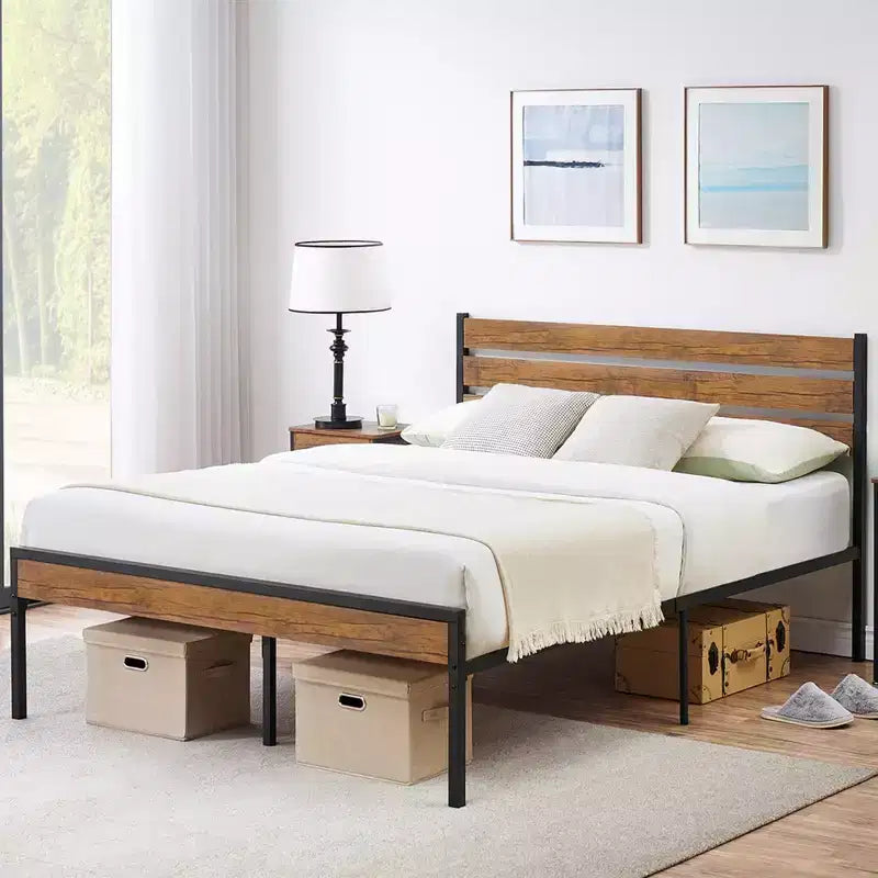 Marco de cama rústico de plataforma estilo casa de campo, cabecero y piecero de madera, somier de metal y madera, almacenamiento bajo la cama, no necesita somier de muelles