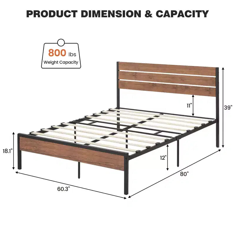 Marco de cama rústico de plataforma estilo casa de campo, cabecero y piecero de madera, somier de metal y madera, almacenamiento bajo la cama, no necesita somier de muelles