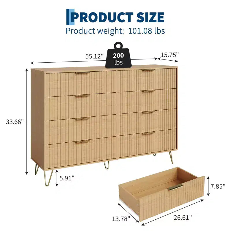 Cómoda acanalada con 8 cajones, cómoda moderna de madera de 55" de ancho con tiradores de metal, cómoda de dormitorio y mueble de TV para sala de estar
