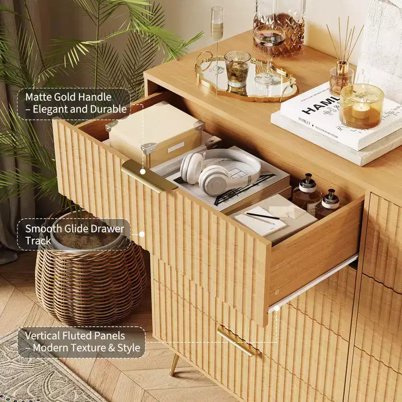 Cómoda acanalada con 8 cajones, cómoda moderna de madera de 55" de ancho con tiradores de metal, cómoda de dormitorio y mueble de TV para sala de estar