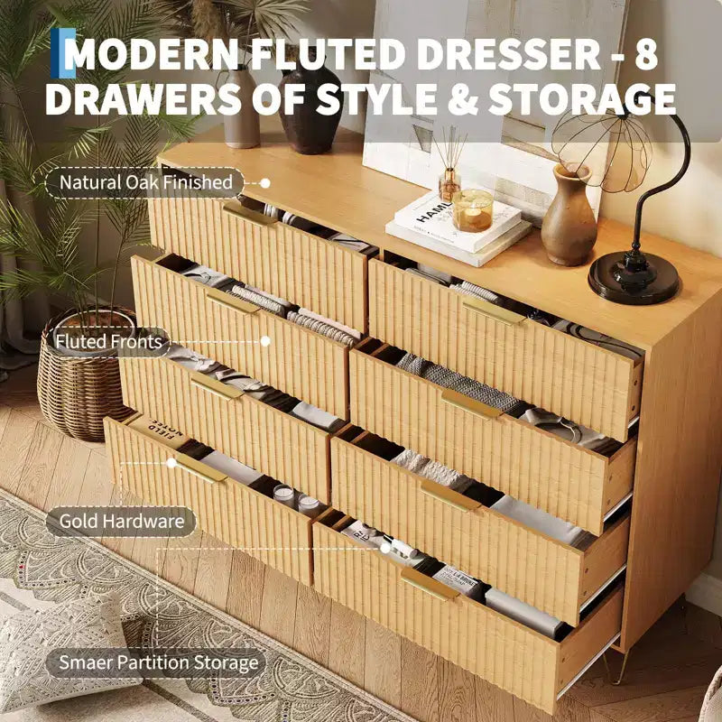 Cómoda acanalada con 8 cajones, cómoda moderna de madera de 55" de ancho con tiradores de metal, cómoda de dormitorio y mueble de TV para sala de estar