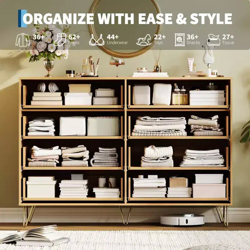 Cómoda acanalada con 8 cajones, cómoda moderna de madera de 55" de ancho con tiradores de metal, cómoda de dormitorio y mueble de TV para sala de estar