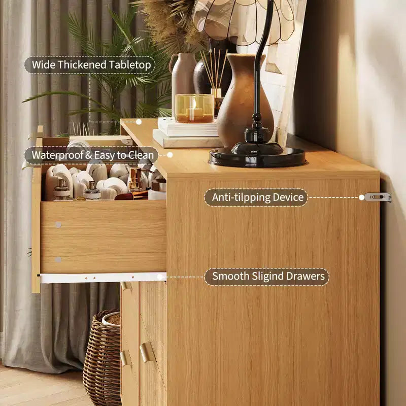Cómoda acanalada con 8 cajones, cómoda moderna de madera de 55" de ancho con tiradores de metal, cómoda de dormitorio y mueble de TV para sala de estar