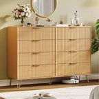 Cómoda acanalada con 8 cajones, cómoda moderna de madera de 55" de ancho con tiradores de metal, cómoda de dormitorio y mueble de TV para sala de estar
