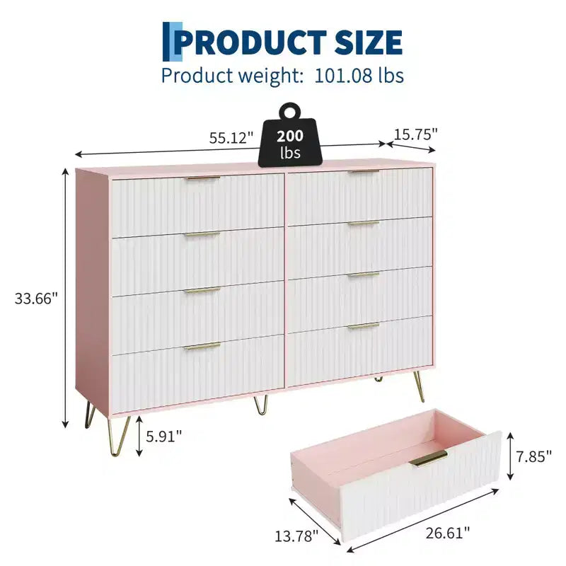 Cómoda acanalada con 8 cajones, cómoda moderna de madera de 55" de ancho con tiradores de metal, cómoda de dormitorio y mueble de TV para sala de estar