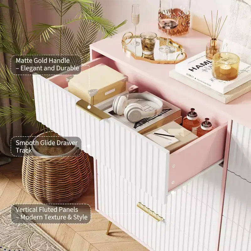 Cómoda acanalada con 8 cajones, cómoda moderna de madera de 55" de ancho con tiradores de metal, cómoda de dormitorio y mueble de TV para sala de estar