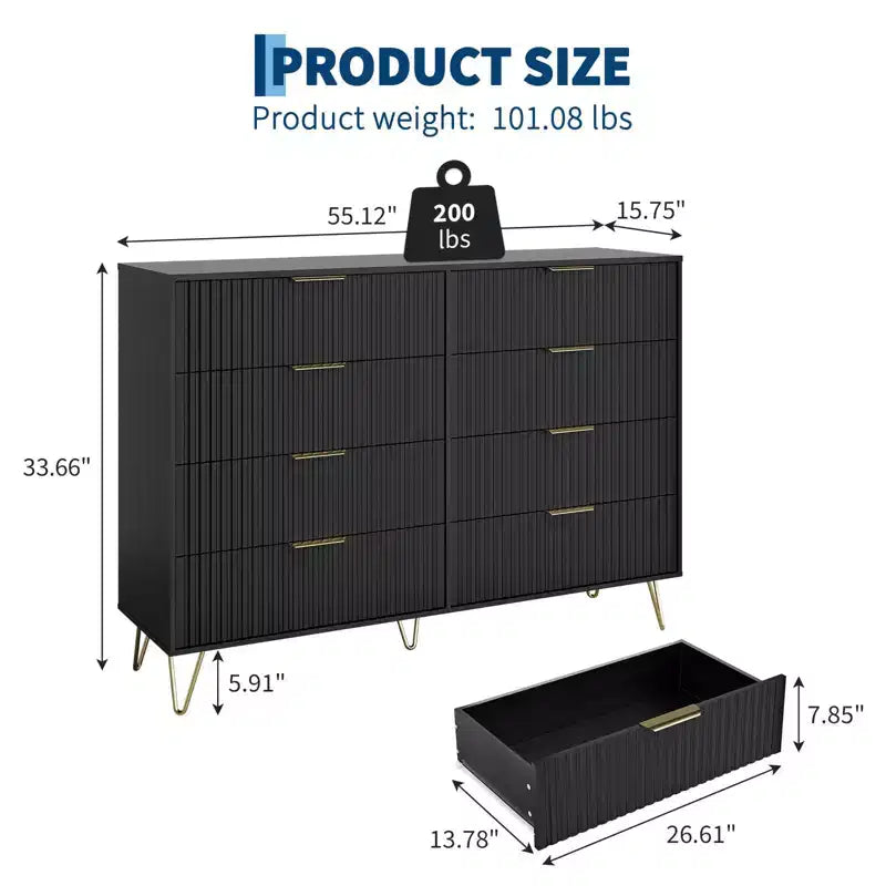 Cómoda acanalada con 8 cajones, cómoda moderna de madera de 55" de ancho con tiradores de metal, cómoda de dormitorio y mueble de TV para sala de estar