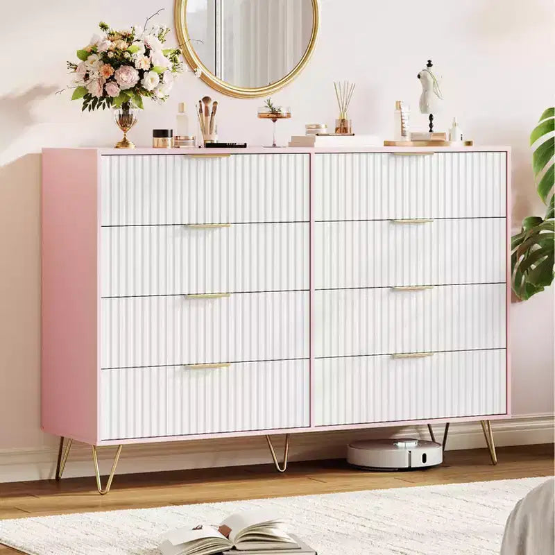 Cómoda acanalada con 8 cajones, cómoda moderna de madera de 55" de ancho con tiradores de metal, cómoda de dormitorio y mueble de TV para sala de estar