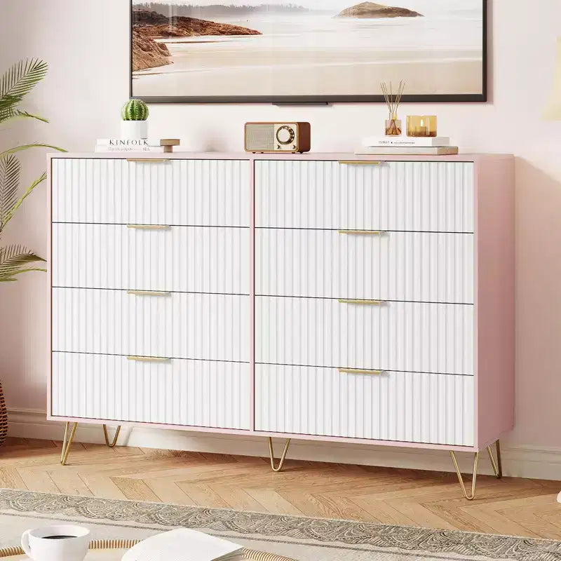 Cómoda acanalada con 8 cajones, cómoda moderna de madera de 55" de ancho con tiradores de metal, cómoda de dormitorio y mueble de TV para sala de estar