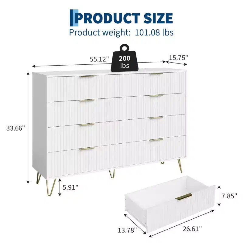 Cómoda acanalada con 8 cajones, cómoda moderna de madera de 55" de ancho con tiradores de metal, cómoda de dormitorio y mueble de TV para sala de estar