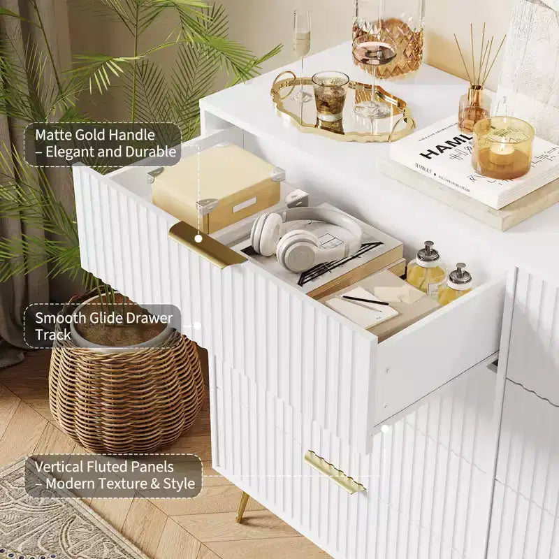 Cómoda acanalada con 8 cajones, cómoda moderna de madera de 55" de ancho con tiradores de metal, cómoda de dormitorio y mueble de TV para sala de estar