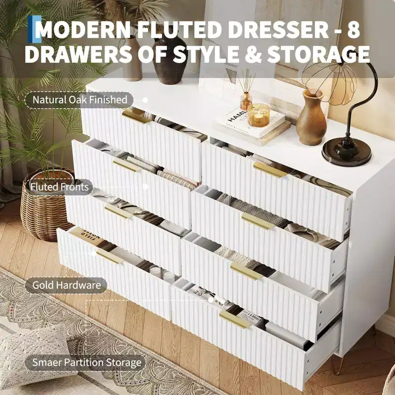 Cómoda acanalada con 8 cajones, cómoda moderna de madera de 55" de ancho con tiradores de metal, cómoda de dormitorio y mueble de TV para sala de estar