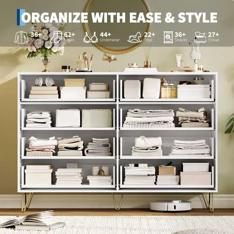 Cómoda acanalada con 8 cajones, cómoda moderna de madera de 55" de ancho con tiradores de metal, cómoda de dormitorio y mueble de TV para sala de estar