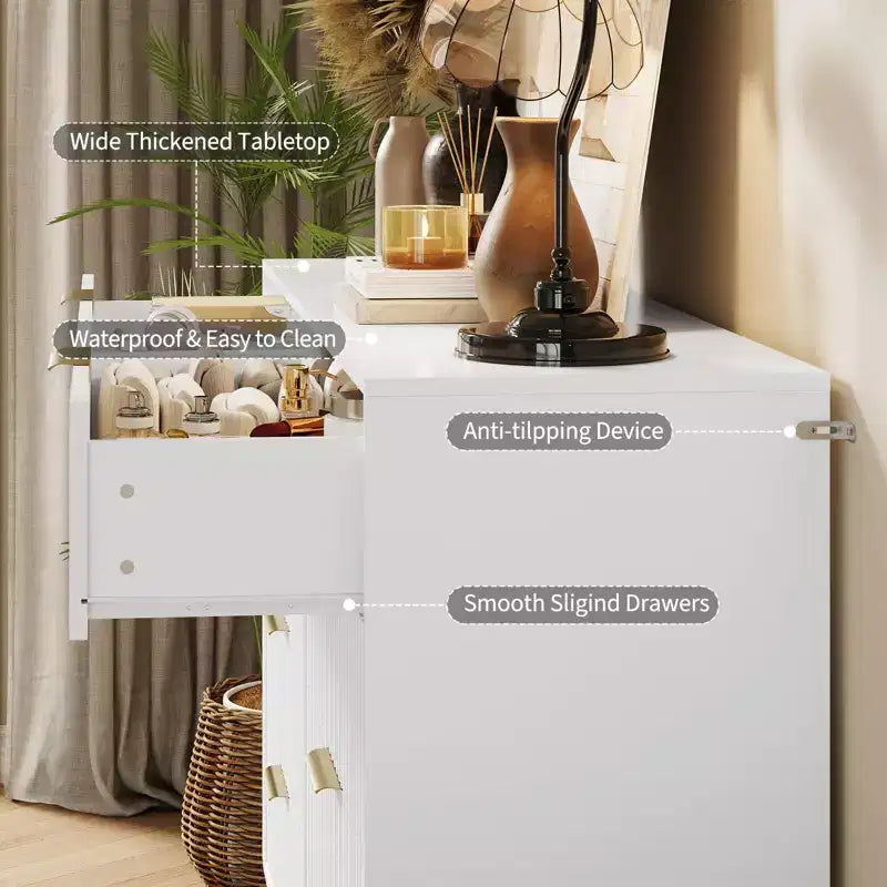 Cómoda acanalada con 8 cajones, cómoda moderna de madera de 55" de ancho con tiradores de metal, cómoda de dormitorio y mueble de TV para sala de estar