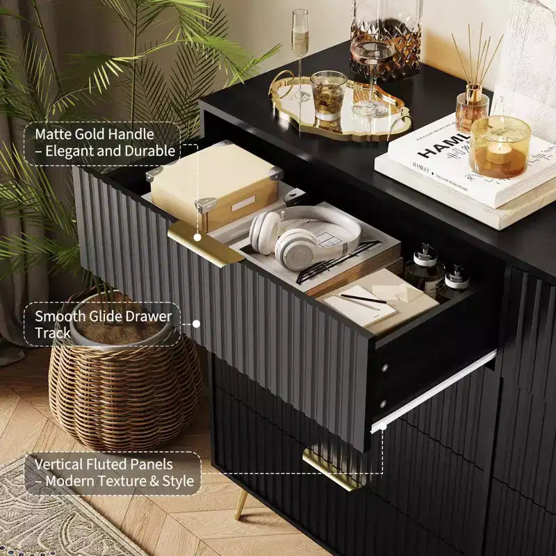 Cómoda acanalada con 8 cajones, cómoda moderna de madera de 55" de ancho con tiradores de metal, cómoda de dormitorio y mueble de TV para sala de estar