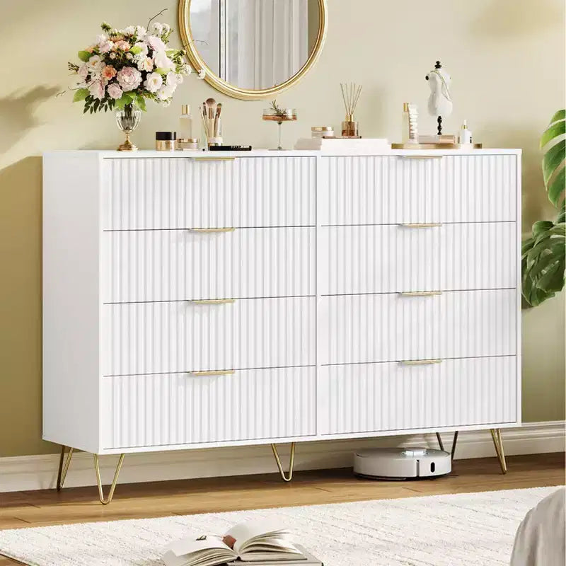 Cómoda acanalada con 8 cajones, cómoda moderna de madera de 55" de ancho con tiradores de metal, cómoda de dormitorio y mueble de TV para sala de estar