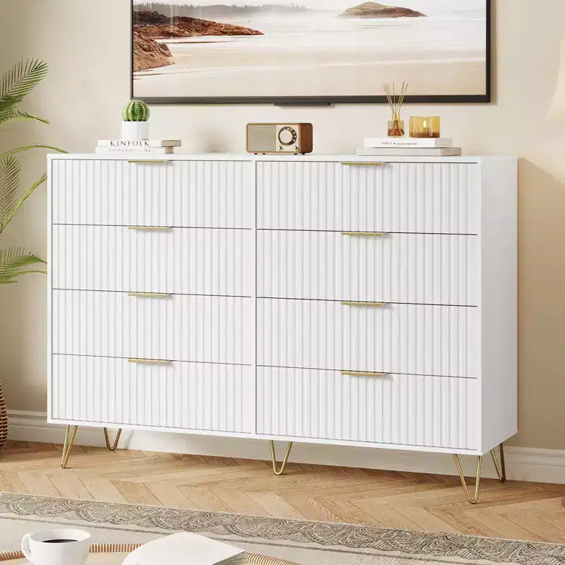 Cómoda acanalada con 8 cajones, cómoda moderna de madera de 55" de ancho con tiradores de metal, cómoda de dormitorio y mueble de TV para sala de estar