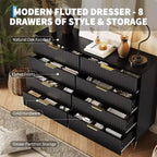 Cómoda acanalada con 8 cajones, cómoda moderna de madera de 55" de ancho con tiradores de metal, cómoda de dormitorio y mueble de TV para sala de estar