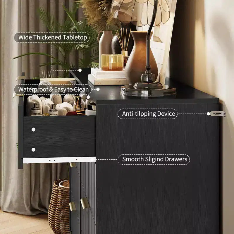 Cómoda acanalada con 8 cajones, cómoda moderna de madera de 55" de ancho con tiradores de metal, cómoda de dormitorio y mueble de TV para sala de estar