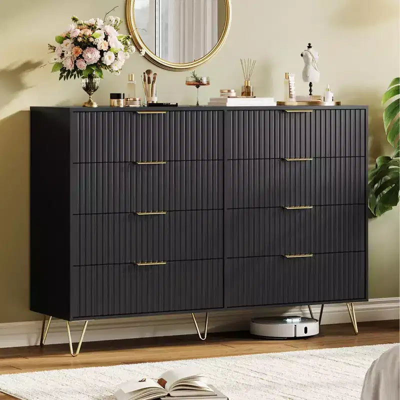 Cómoda acanalada con 8 cajones, cómoda moderna de madera de 55" de ancho con tiradores de metal, cómoda de dormitorio y mueble de TV para sala de estar