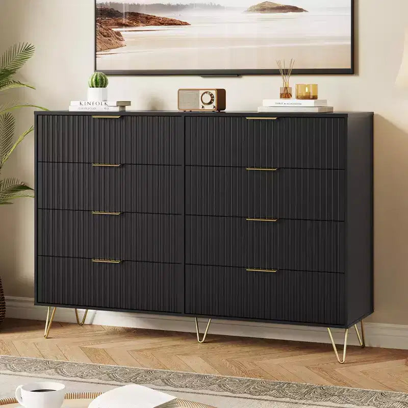 Cómoda acanalada con 8 cajones, cómoda moderna de madera de 55" de ancho con tiradores de metal, cómoda de dormitorio y mueble de TV para sala de estar